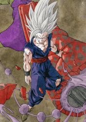 Rule 34 | 1boy, blood, blood from mouth, cell max, dougi, dragon ball, dragon ball super, dragon ball super super hero, floating, gohan beast, kakeru (dbskakeru), male focus, muscular, muscular male, red eyes, severed limb, signature, solo, son gohan, torn clothes, white hair