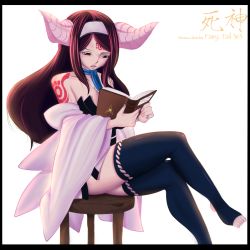 Rule 34 | black border, black hair, book, border, breasts, fairy tail, hairband, headband, horns, large breasts, crossed legs, long hair, off shoulder, open book, reading, red eyes, sayla (fairy tail), single horn, sitting, stool, tattoo, thighhighs, toeless legwear, toes