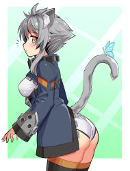 Rule 34 | 1girl, :o, animal ears, ashroa (cougar1404), ass, black thighhighs, blue coat, breast cutout, bug, butterfly, cat ears, cat girl, cat tail, coat, commentary, cougar (cougar1404), cowboy shot, from side, grey hair, grey shorts, insect, leaning forward, long sleeves, looking at viewer, micro shorts, notice lines, open mouth, original, short hair, shorts, sidelocks, solo, standing, tail, thighhighs, wedgie, yellow eyes