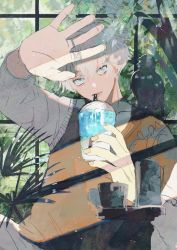 Rule 34 | 1boy, bishounen, blue eyes, drink, ear piercing, highres, jewelry, looking at viewer, male focus, mouth hold, original, piercing, plant, ring, solo, somaz, white hair