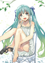 Rule 34 | + +, 1girl, :d, bare arms, bare legs, bare shoulders, barefoot, blue eyes, blue hair, chair, collarbone, dress, feet on chair, glock, gradient hair, green hair, gun, hair ribbon, hair rings, handgun, legs up, long hair, looking at viewer, matching hair/eyes, multicolored hair, no panties, open clothes, open mouth, open vest, original, pistol, ran&#039;ou (tamago no kimi), ribbon, sitting, sleeveless, sleeveless dress, smile, solo, sundress, trigger discipline, twintails, upskirt, vest, weapon, white dress