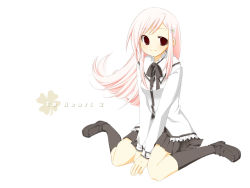 Rule 34 | 00s, 1girl, black socks, bow, copyright name, full body, kneehighs, koshou shichimi, loafers, long hair, lucy maria misora, pink hair, red eyes, ribbon, school uniform, shoes, sitting, smile, socks, solo, to heart (series), to heart 2, v arms, wariza, white background