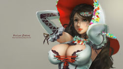 Rule 34 | 1girl, anson zheng, arms behind head, arms up, artist name, bare shoulders, bonnet, breasts, brown hair, cleavage, closed mouth, cross-laced clothes, dress, elbow gloves, flower, glasses, gloves, green eyes, grey background, hands on own head, hat, hat flower, large breasts, long hair, mole, mole under eye, nose, original, pink lips, simple background, sleeveless, sleeveless dress, smile, solo, upper body, watermark, web address, white dress, white hat