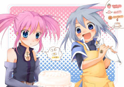 Rule 34 | 00s, 1boy, 1girl, :d, apron, baking, bare shoulders, belt, blue eyes, blue hair, blush, buckle, cake, egg, elbow gloves, english text, food, fruit, genius sage, gloves, light purple hair, open mouth, orange (fruit), pastry bag, peach, pink hair, presea combatir, smile, speech bubble, strawberry, tales of (series), tales of symphonia, thought bubble, twintails, ymd123