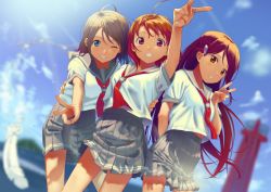 Rule 34 | 3girls, ;d, ahoge, arm up, blue eyes, blue sky, brown hair, cowboy shot, day, feathers, floating hair, from below, grey skirt, grin, hair ornament, hairclip, long hair, looking at viewer, love live!, love live! sunshine!!, miniskirt, multiple girls, neckerchief, one eye closed, open mouth, outdoors, pleated skirt, poligon (046), red eyes, red hair, red neckerchief, sakurauchi riko, school uniform, serafuku, shirt, short hair, short sleeves, skirt, sky, smile, standing, takami chika, v, very long hair, watanabe you, white feathers, white shirt