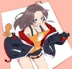 Rule 34 | &gt; &lt;, 1girl, ahoge, black shorts, blue eyes, blue jacket, brown hair, buckle, controller, dog tags, forehead, game controller, gamepad, gloves, hololive, jacket, kumagapaniti, long hair, long sleeves, looking at viewer, lower teeth only, matsurisu, natsuiro matsuri, natsuiro matsuri (gaming casual), off-shoulder shirt, off shoulder, open clothes, open jacket, open mouth, orange shirt, parted bangs, partially fingerless gloves, pink background, shirt, short shorts, shorts, simple background, solo focus, sweat, teeth, thigh strap, virtual youtuber