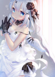Rule 34 | 1girl, angel wings, black gloves, blue eyes, choker, dress, gloves, hair ornament, hair ribbon, hairclip, highres, lace, long hair, looking at viewer, open mouth, original, ribbon, solo, sparkle, white dress, white hair, window, wings, zizi (zz22)
