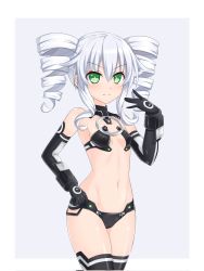 Rule 34 | 1girl, bare shoulders, black gloves, black legwear, black sister, blush, breasts, cameltoe, choujigen game neptune mk2, covered erect nipples, cowboy shot, crop top, drill hair, elbow gloves, gloves, green eyes, groin, hair between eyes, hand on own hip, hand up, highres, hip focus, kazuneko (wktk1024), looking at viewer, medium hair, midriff, navel, neptune (series), o-ring, o-ring top, power symbol, power symbol-shaped pupils, revealing clothes, sideboob, silver hair, sleeveless, small breasts, smile, solo, symbol-shaped pupils, thighs, twin drills