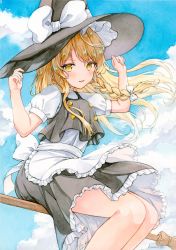 Rule 34 | 1girl, absurdres, apron, arms up, back bow, black skirt, black vest, blonde hair, blush, bow, braid, broom, broom riding, buttons, cloud, commentary request, day, feet out of frame, floating hair, frills, hair bow, hands on headwear, hat, hat bow, highres, holding, holding clothes, holding hat, kananotte, kirisame marisa, long hair, looking at viewer, painting (medium), parted lips, puffy short sleeves, puffy sleeves, shirt, short sleeves, single braid, skirt, sky, smile, solo, touhou, traditional media, vest, watercolor (medium), white bow, white shirt, witch hat, yellow eyes