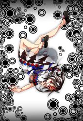 Rule 34 | 1girl, arrow (symbol), black hair, blue nails, dress, full body, hand on own face, horns, kijin seija, looking at viewer, multicolored hair, nail polish, open mouth, red eyes, red hair, red nails, sash, short hair, short sleeves, solo, streaked hair, touhou, toutenkou, upside-down, white dress, white hair