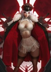 Rule 34 | 1girl, azur lane, black thighhighs, bra, breasts, breasts apart, cannon, coat, contrapposto, cowboy shot, crossed bangs, fur-trimmed coat, fur trim, graf zeppelin (azur lane), hat, highleg, highleg panties, lace, lace-trimmed bra, lace-trimmed panties, lace bra, lace panties, lace trim, large breasts, linea alba, lingerie, lips, long hair, looking at viewer, machinery, military hat, nail polish, open clothes, open coat, opened by self, panties, peaked cap, raikoart, red eyes, see-through, self exposure, signature, skirt, smile, solo, standing, thighhighs, underwear, very long hair, watermark, white bra, white hair, white panties, white skirt