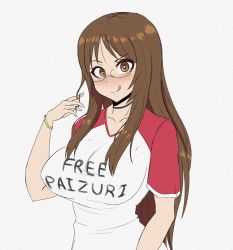 Rule 34 | 1girl, :q, adjusting hair, bracelet, breasts, brown eyes, brown hair, choker, clothes writing, collarbone, english text, fuck-me shirt, glasses, twirling hair, heart, heart-shaped pupils, highres, jewelry, k-on!, large breasts, long hair, looking at viewer, meme attire, paizuri invitation, short sleeves, solo, symbol-shaped pupils, tongue, tongue out, upper body, yamanaka sawako, young savage