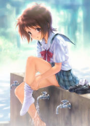 Rule 34 | 1girl, absurdres, barefoot, blush, bow, bowtie, brown eyes, brown hair, faucet, feet, from side, goto p, highres, loafers, open mouth, plaid, plaid skirt, red bow, red bowtie, ribbon, school uniform, serafuku, shoes, unworn shoes, short hair, single sock, sitting, skirt, soaking feet, socks, solo, tree, undressing, water, white socks