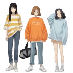 Rule 34 | 3girls, absurdres, bag, bare legs, black hair, blue pants, blue sweater, bob cut, brown hair, commentary request, denim, full body, grey eyes, hand in pocket, hand up, highres, holding, holding bag, jeans, long hair, long sleeves, looking at viewer, medium hair, multiple girls, open mouth, orange sweater, original, pants, parted lips, shirt, shoes, short hair, simple background, sleeves past fingers, sleeves past wrists, sneakers, striped clothes, striped shirt, sweater, teeth, upper teeth only, white background, white footwear, white shirt, yellow shirt, yoon cook