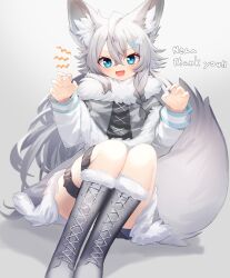 Rule 34 | 1girl, :d, animal ears, belt, blue eyes, boots, braid, capelet, claw pose, commission, fang, full body, fur-trimmed capelet, fur-trimmed skirt, fur trim, grey capelet, grey footwear, grey hair, highres, indie virtual youtuber, long hair, long sleeves, looking at viewer, moti yousei, n (vtuber), open mouth, second-party source, side braid, skeb commission, skin fang, skirt, smile, tail, thigh belt, thigh strap, v-shaped eyebrows, virtual youtuber, wolf ears, wolf girl, wolf tail