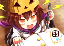 Rule 34 | 10s, 1boy, 1girl, admiral (kancolle), anchor, bad id, bad pixiv id, black legwear, blush, brown eyes, brown hair, commentary, fang, hair ornament, hairclip, halloween, ikazuchi (kancolle), jack-o&#039;-lantern, kantai collection, kisaragi zwei, looking at viewer, looking up, md5 mismatch, military, military uniform, open mouth, pen, personification, pumpkin, school uniform, serafuku, short hair, skirt, smile, solo focus, translated, uniform