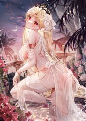 Rule 34 | 1girl, anklet, arabian clothes, armlet, balcony, barefoot, blonde hair, blush, bracelet, breasts, chiachun0621, cloud, cloudy sky, commentary request, crown, dancer, ereshkigal (fate), evening, fate/grand order, fate (series), feet, flower, hair flower, hair ornament, harem outfit, highres, indoors, jewelry, large breasts, legs, legwear garter, long hair, looking at viewer, moon, night, night sky, red eyes, red flower, red rose, rose, sky, soles, solo, star (sky), toenails, toes, veil, very long hair