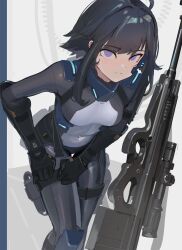 Rule 34 | 1girl, absurdres, adjusting clothes, black hair, blush, bodysuit, breasts, bullpup, commission, cowboy shot, empty eyes, gauntlets, gun, highres, holster, knee pads, leaning forward, long bangs, looking at viewer, medium breasts, navel, original, polilla, purple eyes, rifle, scope, shiny clothes, simple background, smile, solo, thigh holster, tight clothes, weapon