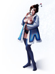 Rule 34 | 1girl, black-framed eyewear, blue panties, blue thighhighs, breast hold, breasts, breasts out, brown eyes, brown hair, coat, unworn eyewear, full body, fur coat, fur trim, glasses, hair bun, hair ornament, hair stick, large breasts, lips, lipstick, looking at viewer, makeup, mei (overwatch), navel, nipples, no shirt, nose, open clothes, open coat, open mouth, overwatch, overwatch 1, panties, raulovsky, red lips, short hair, single hair bun, snowflakes, solo, thighhighs, underwear, white background