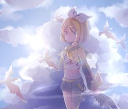 Rule 34 | 1girl, backlighting, bare shoulders, belt, bird, black collar, blonde hair, blue eyes, bow, cloud, cloudy sky, collar, commentary, cowboy shot, crop top, day, detached sleeves, dove, grey shorts, grey sleeves, hair bow, hair ornament, hairclip, hand on own chest, highres, horrororange918, kagamine rin, light smile, looking at viewer, midriff, navel, neckerchief, outdoors, sailor collar, school uniform, shirt, short hair, short shorts, shorts, sky, solo, standing, sun, swept bangs, vocaloid, white bow, white shirt, yellow neckerchief