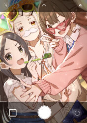 3girls ;d absurdres birthday_glasses blush cardigan commentary_request eyewear_on_head fake_facial_hair fake_mustache fake_phone_screenshot fake_screenshot finger_gun fingernails gakuen_idolmaster hanami_ume hat hatsuboshi_gakuen_school_uniform highres idolmaster kuramoto_china looking_at_viewer multiple_girls one_eye_closed open_mouth parted_bangs party_hat party_horn pink_cardigan school_uniform shinosawa_hiro shirt smile sunglasses tamago_sando tinted_eyewear v white_shirt