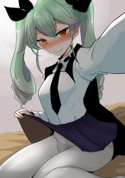 10s 1girl anchovy_(girls_und_panzer) blush cape clothes_lift drill_hair female_focus girls_und_panzer green_hair han_(jackpot) long_hair miniskirt necktie panties panties_under_pantyhose pantyhose reaching reaching_towards_viewer red_eyes school_uniform selfie shiny_skin shirt skirt skirt_lift solo sweat twin_drills twintails underwear wavy_mouth white_shirt