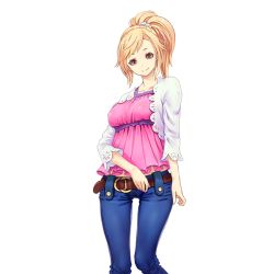 Rule 34 | 1girl, anegawa kiriko, beelzebub (company), belt, blonde hair, breasts, closed mouth, conveni shoujo z, denim, female focus, groin, high ponytail, jacket, jeans, legs, looking at viewer, medium breasts, original, pants, red eyes, smile, solo, standing, tachi-e, thighs, transparent background