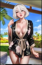 Rule 34 | 1girl, aroma sensei, artist name, beach, black hairband, black robe, blush, breasts, breasts apart, cleavage, cloud, collarbone, curvy, day, floral print, flower, grey eyes, hair between eyes, hairband, hand up, highres, large breasts, lips, long sleeves, looking at viewer, mole, mole on breast, mole under mouth, nier (series), nier:automata, ocean, open mouth, robe, short hair, sky, solo, standing, teeth, thick lips, thighs, water, white hair, 2b (nier:automata)