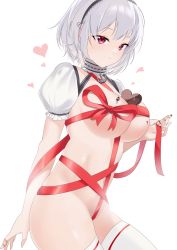 Rule 34 | 1girl, absurdres, azur lane, between breasts, breasts, chocolate, chocolate on body, chocolate on breasts, food on body, heart, highres, large breasts, looking at viewer, naked chocolate, naked ribbon, nude, oxygen mask (oxygenmask233), puffy short sleeves, puffy sleeves, red eyes, ribbon, short hair, short sleeves, simple background, sirius (azur lane), solo, standing, thighhighs, valentine, white background, white hair, white thighhighs