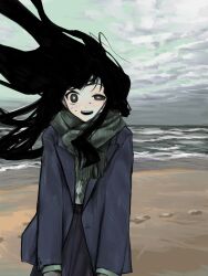 Rule 34 | 1girl, argyle, argyle clothes, argyle sweater, beach, black hair, bright pupils, cloud, cloudy sky, day, floating hair, green scarf, green sweater, grey eyes, grey jacket, grey skirt, half-closed eye, high-waist skirt, highres, jacket, kei (63277k), long hair, long sleeves, looking at viewer, ocean, open clothes, open jacket, open mouth, original, outdoors, scarf, skirt, sky, smile, solo, standing, straight-on, sweat, sweater, upper body, water, waves, white pupils, wind