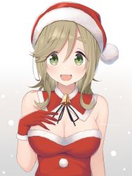 Rule 34 | 1girl, bell, blush, breasts, brown hair, christmas, cleavage, gloves, gradient background, green eyes, hair between eyes, hat, highres, inuyama aoi, large breasts, long hair, nekosination, open mouth, paid reward available, pom pom (clothes), red gloves, red hat, santa costume, santa hat, smile, solo, thick eyebrows, upper body, yurucamp