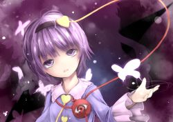 Rule 34 | 1girl, bad id, bad pixiv id, bug, butterfly, chestnut mouth, hairband, head tilt, heart, highres, bug, komeiji satori, lv21, open mouth, outstretched hand, pink hair, portrait, purple eyes, purple hair, short hair, solo, third eye, touhou