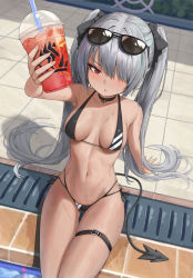Rule 34 | 1girl, absurdres, arm support, bikini, black bikini, black bow, black choker, blue archive, blush, bow, breasts, breasts apart, choker, commentary request, cup, dark-skinned female, dark skin, demon girl, demon tail, disposable cup, drink, grey hair, hair bow, hair over one eye, highres, holding, holding drink, iori (blue archive), iori (swimsuit) (blue archive), kkusak (kkusag ks), leaning back, long hair, looking at object, medium breasts, micro bikini, midriff, multi-strapped bikini bottom, navel, parted lips, poolside, red eyes, side-tie bikini bottom, sitting, skindentation, solo, string bikini, sunglasses, swimsuit, tail, thigh strap, thighs, triangle mouth, twintails, two-tone bikini, very long hair, wet