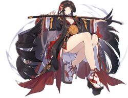 Rule 34 | 1girl, absurdly long hair, ark order, artist request, bare shoulders, black footwear, black hair, black kimono, blood, blood on hands, blunt bangs, breasts, expressionless, facial mark, floating, floating object, floating weapon, full body, geta, hair ribbon, hime cut, izanagi no mikoto (ark order), japanese clothes, katana, kimono, large breasts, leg ribbon, long hair, long sleeves, looking at viewer, official art, pom pom (clothes), red kimono, red ribbon, ribbon, sidelocks, sitting, socks, solo, sword, tabi, tachi-e, thigh ribbon, transparent background, very long hair, weapon, white socks, wide sleeves, yellow eyes