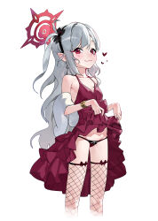 Rule 34 | 1girl, absurdres, black panties, blue archive, blush, breasts, closed mouth, clothes lift, collarbone, cropped legs, dress, dress lift, feet out of frame, fishnet thighhighs, fishnets, grey hair, groin, highres, lifted by self, long hair, looking at viewer, mutsuki (blue archive), mutsuki (dress) (blue archive), official alternate costume, one eye closed, panties, red dress, red eyes, simple background, small breasts, smile, solo, taktori, thighhighs, underwear, white background
