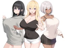 Rule 34 | 3girls, bare shoulders, black hair, blonde hair, breasts, bun (hiyokomame), camisole, closed mouth, covered navel, dark-skinned female, dark skin, grey hair, highres, hood, hoodie, large breasts, long hair, miniskirt, mole, mole under mouth, multiple girls, open mouth, original, short hair, short shorts, shorts, simple background, skirt, standing, taut clothes, white background