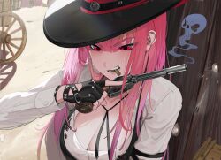 Rule 34 | 1girl, absurdres, breasts, bullet, bullet hole, cleavage, cowboy hat, fingerless gloves, gloves, gun, handgun, hat, highres, holding, holding gun, holding weapon, hololive, hololive english, large breasts, long hair, mori calliope, mori calliope (sheriff), mouth hold, pink eyes, pink hair, revolver, skull, smoke, smoking gun, virtual youtuber, weapon, wvs