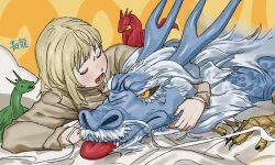 Rule 34 | 1girl, 2024, animal, animal hug, bed sheet, biting hair, black sclera, blonde hair, chinese zodiac, colored sclera, dated, dragon, dungeon meshi, eastern dragon, facing another, falin touden, falin touden (tallman), highres, korean commentary, long sleeves, lying, on side, open mouth, seomii proprobb, short hair, tongue, tongue out, western dragon, year of the dragon, yellow background, yellow eyes