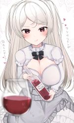 Rule 34 | 1girl, bottle, breasts, brown eyes, cleavage, cleavage cutout, clothing cutout, commission, conte di cavour (kancolle), corset, cup, dress, drinking glass, frilled dress, frills, grey dress, grey hair, highres, holding, holding bottle, kantai collection, large breasts, layered dress, licking lips, long hair, long sleeves, pixiv commission, qqqmei, smile, solo, standing, tongue, tongue out, translation request, two-tone dress, two side up, white dress, wine bottle, wine glass