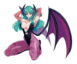 Rule 34 | 1girl, animal print, armpits, bat print, black footwear, black leotard, boots, breasts, capcom, cleavage, clothing cutout, green eyes, green hair, hand in own hair, head wings, heart cutout, large breasts, leotard, long hair, looking at viewer, morrigan aensland, pantyhose, print pantyhose, purple pantyhose, simple background, smile, solo, soyasengoku, strapless, strapless leotard, vampire (game), white background, wings