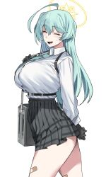 Rule 34 | 1girl, ^ ^, ahoge, aqua hair, aqua necktie, bandaid on thigh, black bag, black gloves, black skirt, blue archive, breasts, closed eyes, gloves, grey hair, halo, highres, large breasts, long hair, necktie, open mouth, plaid, plaid skirt, shirt, simple background, skirt, solo, urec, white background, white shirt, yellow halo, yume (blue archive)