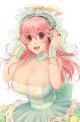 Rule 34 | 1girl, :d, blush, breasts, cleavage, food, food-themed clothes, hands on headphones, headphones, highres, large breasts, long hair, looking at viewer, macaron, nitroplus, open mouth, pink eyes, pink hair, simple background, smile, solo, super sonico, veil, waniwani, white background, wrist cuffs