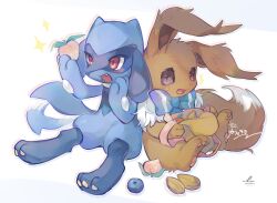 Rule 34 | animal focus, backpack, bag, berry, berry (pokemon), blue bow, blue bowtie, bow, bowtie, brown eyes, commission, creatures (company), eevee, food, game freak, gen 1 pokemon, gen 4 pokemon, hand on own cheek, hand on own face, hands up, hideko (l33l3b), highres, holding, holding food, nintendo, no humans, open mouth, oran berry, pawpads, pecha berry, pokemon, pokemon (creature), pokemon mystery dungeon, red eyes, riolu, signature, simple background, sitting, smile, sparkle, sweatdrop, tail, tail wagging