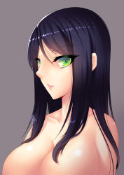 Rule 34 | 1girl, absurdres, bad id, bad pixiv id, black hair, breasts, brown background, female focus, green eyes, highres, large breasts, long hair, mizutsuki rei, parted lips, simple background, solo