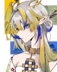 Rule 34 | 1girl, arknights, bare shoulders, blonde hair, blue eyes, blue hair, branch, close-up, collarbone, dragon girl, dragon horns, earrings, eyeliner, grey hair, hair between eyes, hair intakes, hair ornament, hair stick, highres, horns, jacket, jewelry, long hair, looking at viewer, makeup, multicolored hair, necklace, off shoulder, open clothes, open jacket, parted lips, pointy ears, portrait, red eyeliner, red pupils, shirt, shu (arknights), sidelocks, solo, strapless, strapless shirt, streaked hair, tassel, tassel earrings, white jacket, white shirt, xiao huai shui bu xing