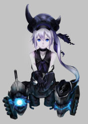 Rule 34 | 10s, 1girl, abyssal ship, bare shoulders, black gloves, blue eyes, cannon, collarbone, destroyer princess, gloves, grey background, hat, kantai collection, long hair, looking at viewer, midriff, miru (millmill0817), neckerchief, parted lips, school uniform, serafuku, side ponytail, simple background, sleeveless, solo, white hair