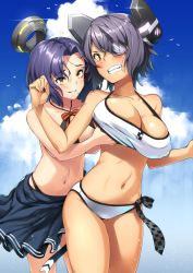 Rule 34 | 10s, 2girls, bikini, bird, blue sky, blush, grabbing another&#039;s breast, breasts, cleavage, clenched teeth, cloud, cowboy shot, day, eyepatch, grabbing, grabbing from behind, gradient background, halo, headgear, kantai collection, large breasts, mechanical halo, multiple girls, navel, neo-masterpeacer, purple hair, short hair, sky, smile, standing, swimsuit, tatsuta (kancolle), teeth, tenryuu (kancolle), thighs, white bikini, yellow eyes, yuri