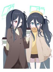 Rule 34 | &lt;key&gt; (blue archive), 2girls, absurdly long hair, absurdres, alternate costume, aqua halo, aris (blue archive), black hair, blue archive, blue eyes, blush, brown coat, brown skirt, buttons, coat, coffee cup, cup, disposable cup, doughnut, food, green halo, hagoonha, halo, highres, holding, holding cup, long hair, long sleeves, looking at viewer, mouth hold, multiple girls, one eye closed, open clothes, open coat, open mouth, pleated skirt, rectangular halo, red eyes, ringed eyes, skirt, very long hair
