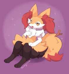 Rule 34 | 1girl, :3, absurdres, animal ear fluff, animal ears, animal feet, animal hands, animal nose, artist name, black fur, blush, body fur, braixen, creatures (company), dated, fang, female focus, flat chest, fluffydasher, fox ears, fox girl, fox tail, full body, furry, furry female, game freak, gen 6 pokemon, hand up, highres, knees up, light blush, looking at viewer, multicolored fur, neck fur, nintendo, open mouth, orange eyes, pokemon, pokemon (creature), purple background, sideways mouth, signature, simple background, sitting, snout, solo, sparkle, stick, tail, white fur, yellow fur