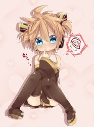 Rule 34 | 1boy, bad id, bad pixiv id, bare shoulders, between legs, black thighhighs, blonde hair, blue eyes, blush, chibi, cosplay, crossdressing, detached sleeves, finger in own mouth, hand between legs, hatsune miku, hatsune miku (cosplay), kagamine len, male focus, short hair, sitting, solo, tears, thighhighs, touyama soboro, trap, twintails, upskirt, vocaloid, zettai ryouiki